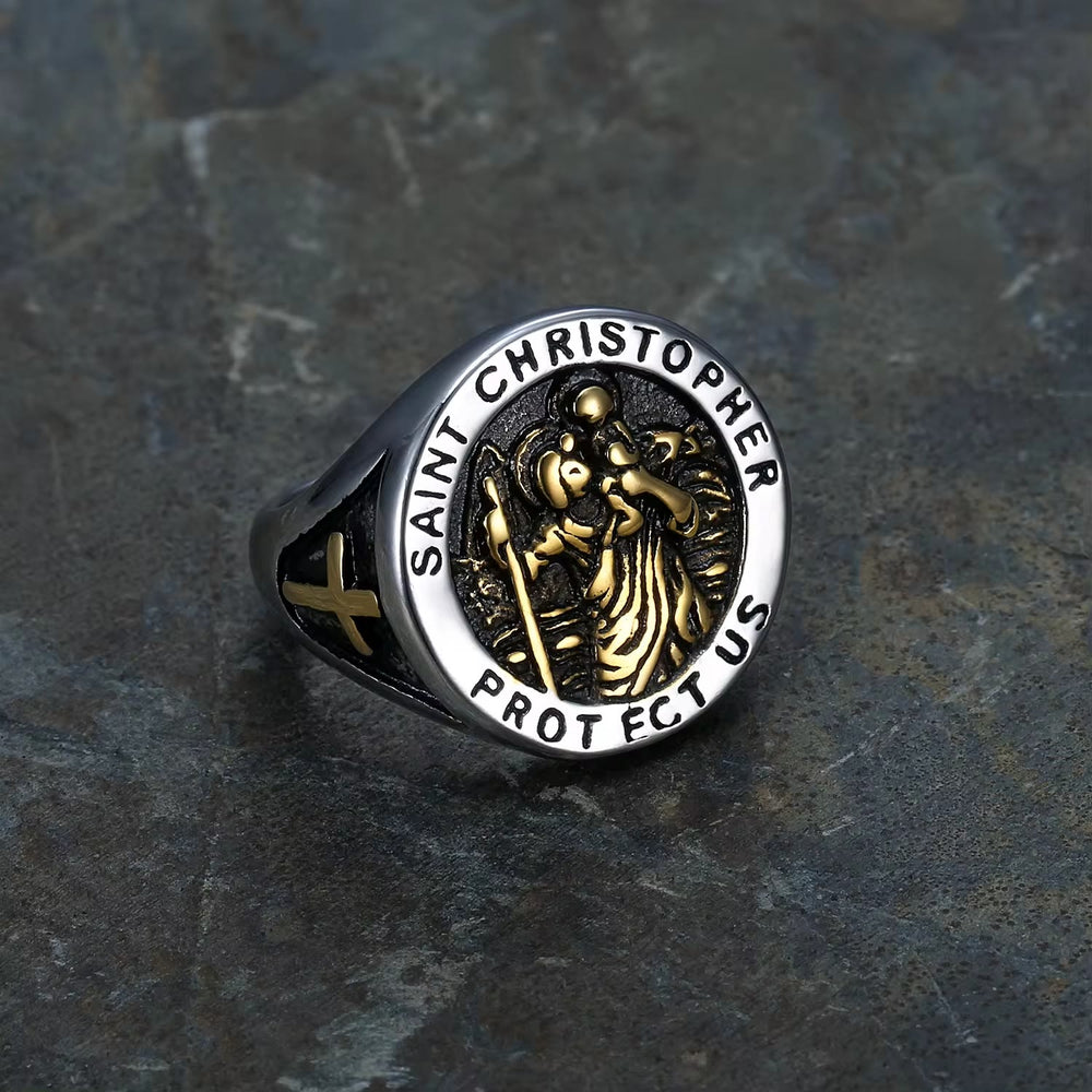 Bague chevalière avec médaille Saint Christophe « Protège-nous » de Christianartworkshop - image 1