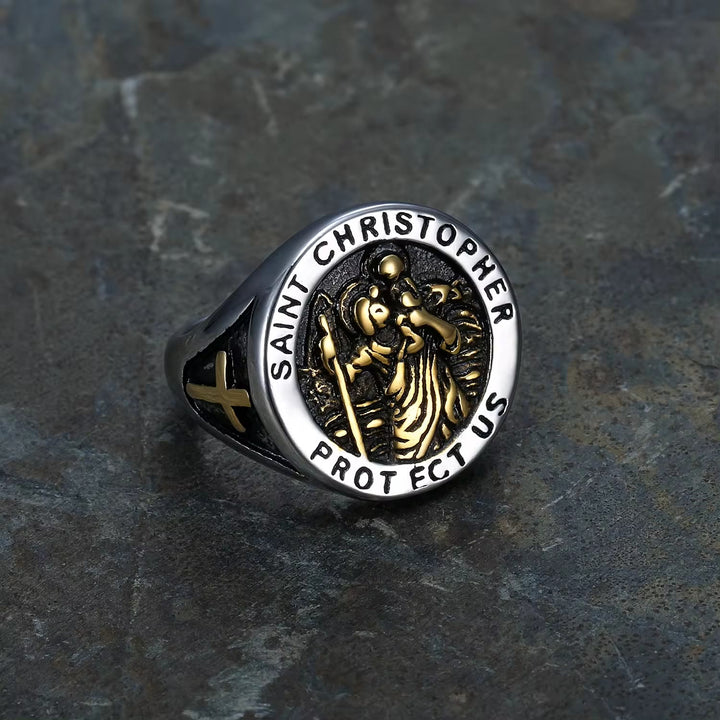 Bague chevalière avec médaille Saint Christophe « Protège-nous » de Christianartworkshop - image 1