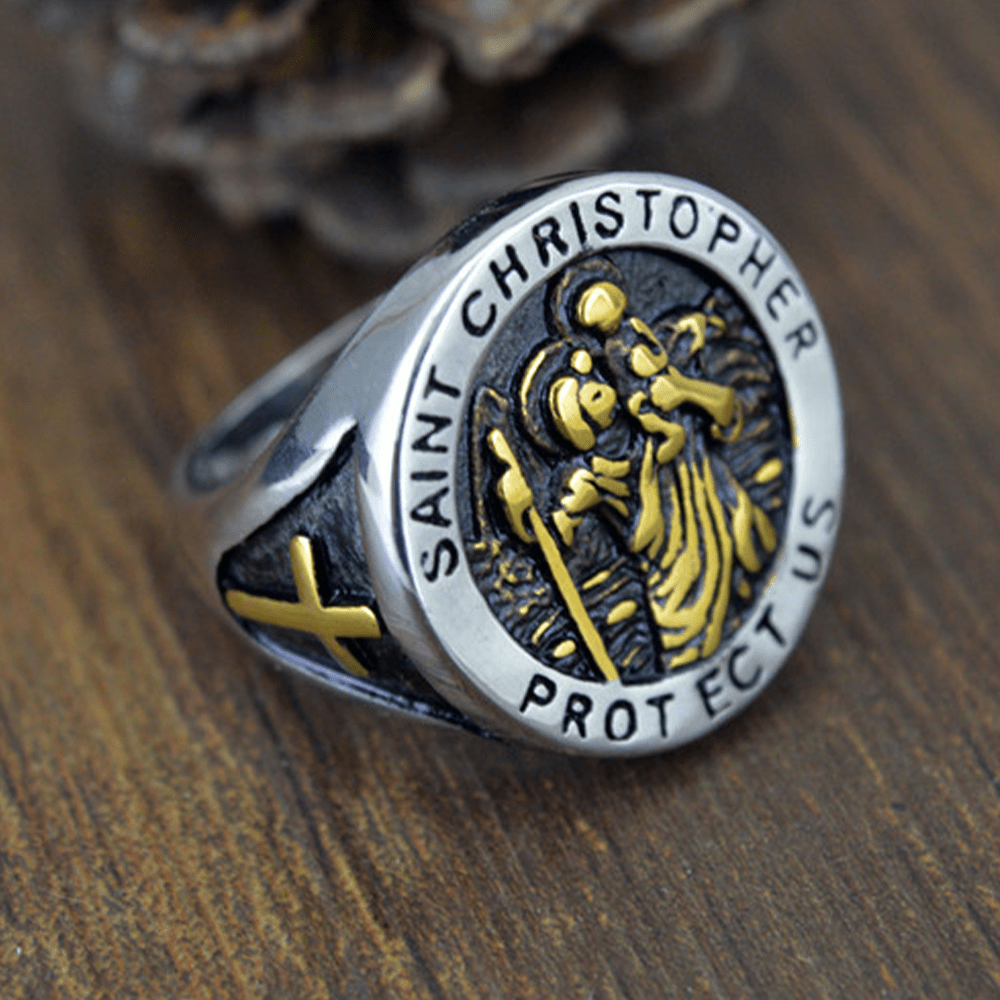 Bague chevalière avec médaille Saint Christophe « Protège-nous » de Christianartworkshop - image 3