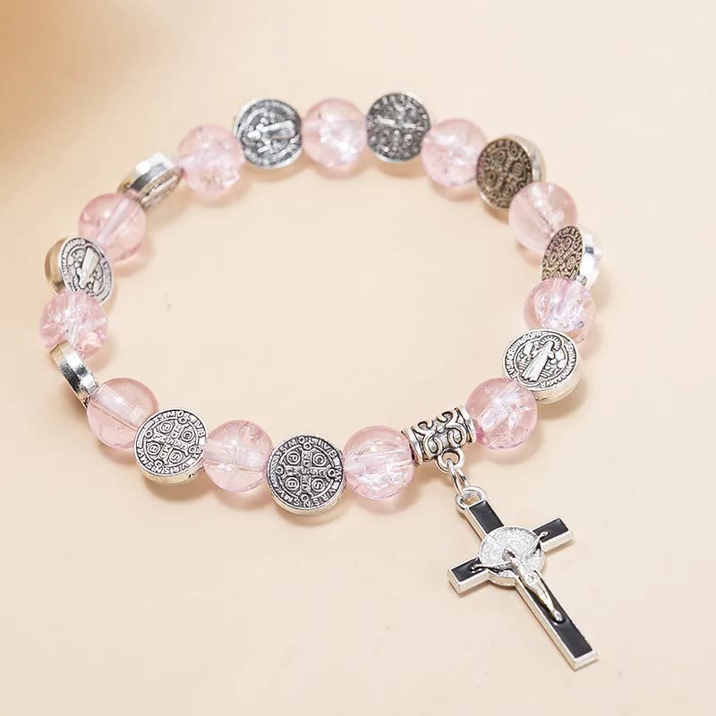 Christianartworkshop Bracelet à perles avec pendentif croix de Jésus en alliage - Rose - image 5