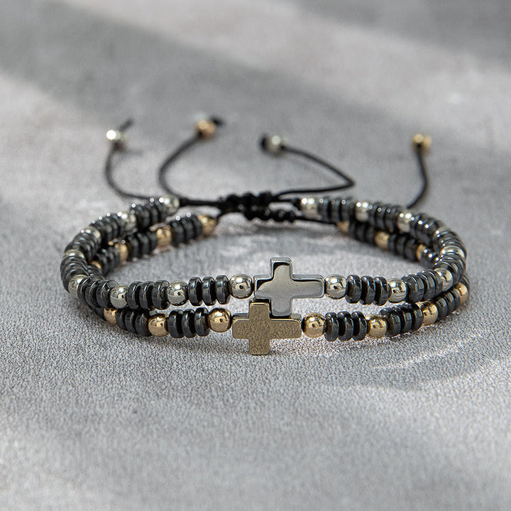 Bracelet en hématite empilable orné de 2 croix, par Christianartworkshop - Hématite - image 0