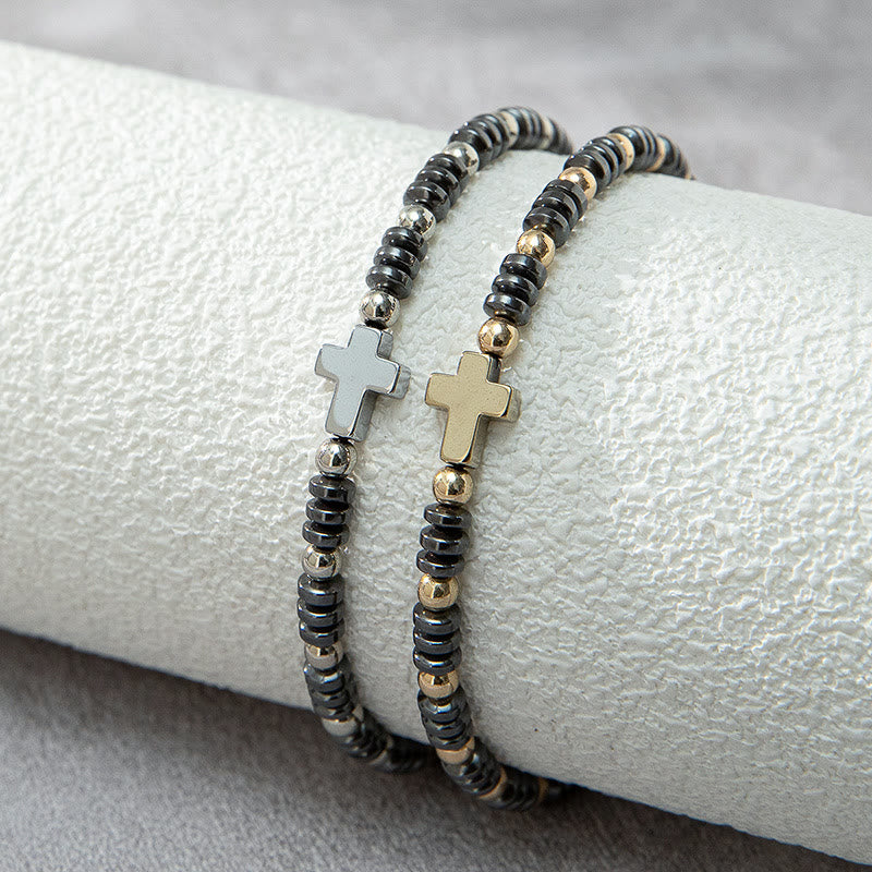 Bracelet en hématite empilable orné de 2 croix, par Christianartworkshop - image 1