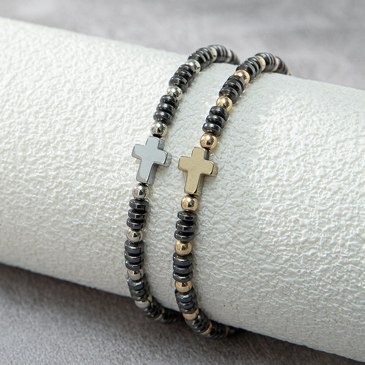 Bracelet en hématite empilable orné de 2 croix, par Christianartworkshop - image 1