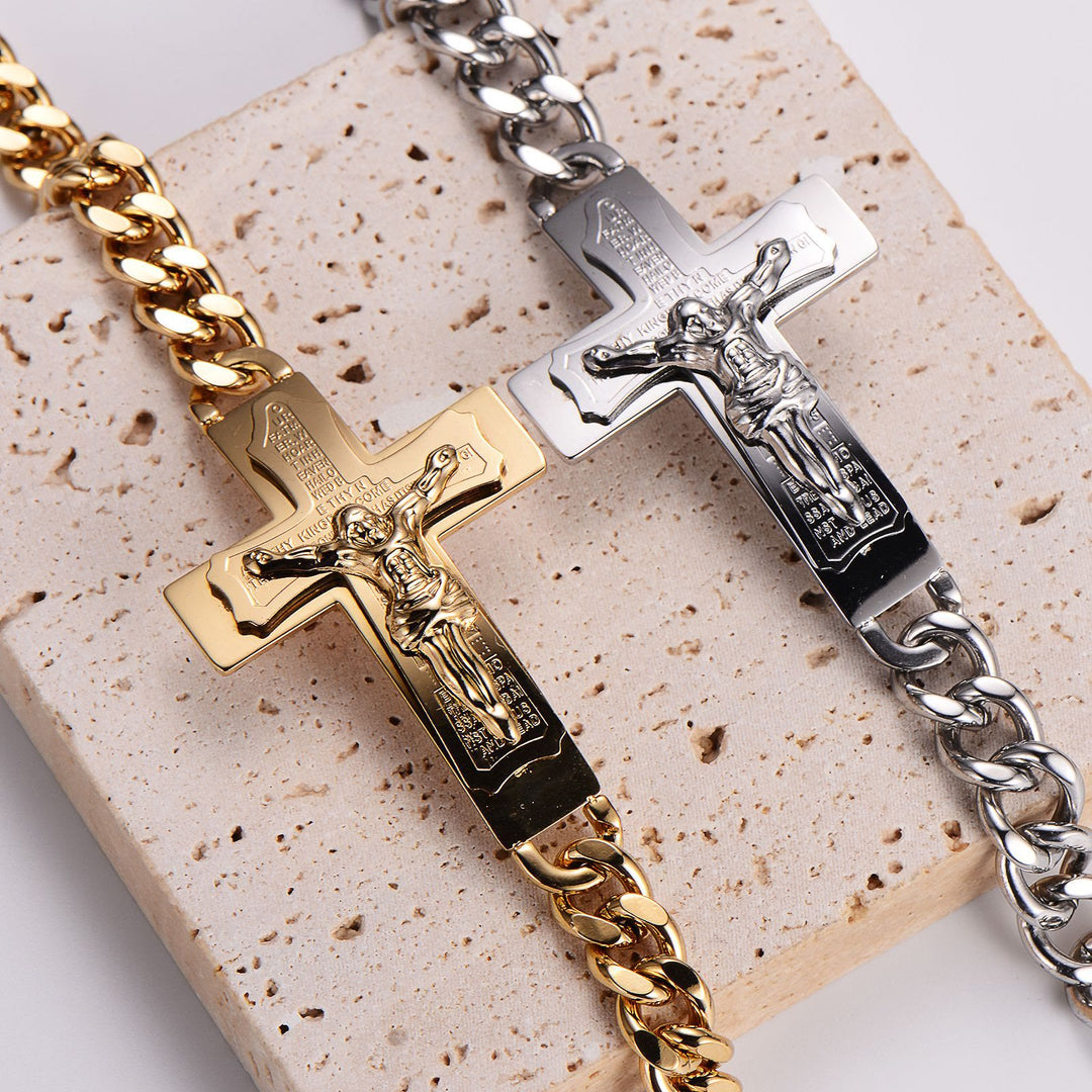 Bracelet jonc crucifix avec verset biblique et croix de Jésus, orné d'une croix solide et d'un bijou de prière, signé Christianartworkshop. - image 0