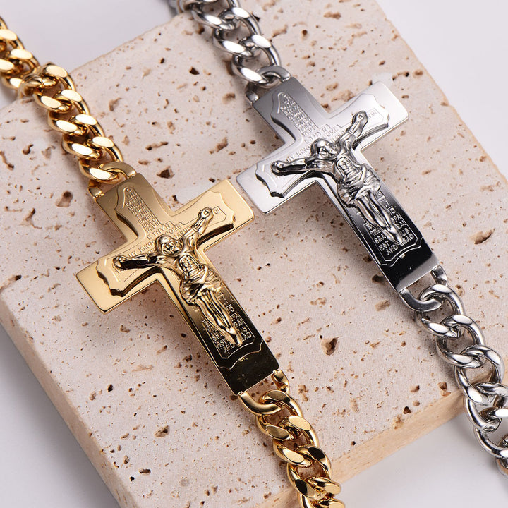 Bracelet jonc crucifix avec verset biblique et croix de Jésus, orné d'une croix solide et d'un bijou de prière, signé Christianartworkshop. - image 0