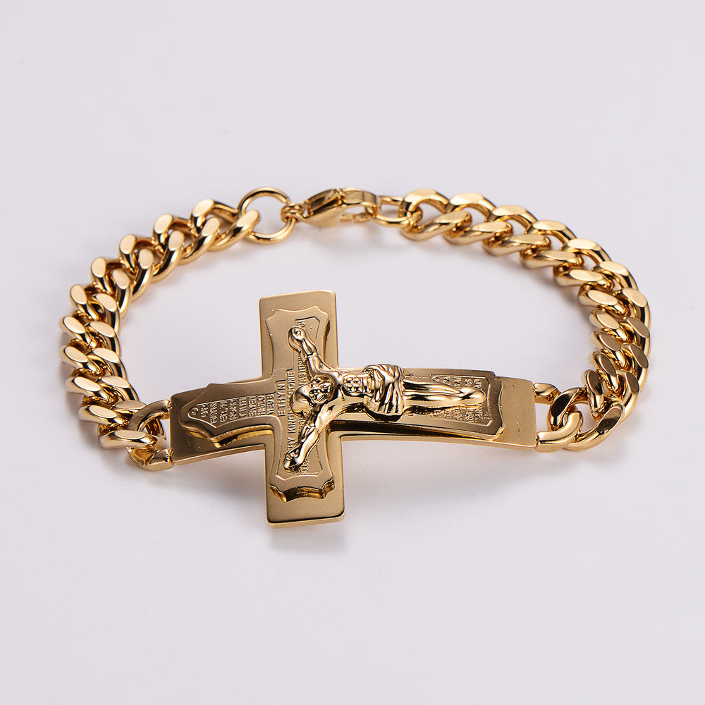 Bracelet jonc crucifix avec verset biblique et croix de Jésus, orné d'une croix solide et d'un bijou de prière, signé Christianartworkshop. - Espagnol - Doré - image 1