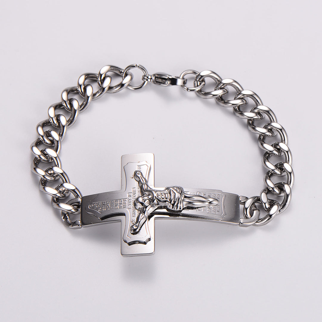 Bracelet jonc crucifix avec verset biblique et croix de Jésus, orné d'une croix solide et d'un bijou de prière, signé Christianartworkshop. - Espagnol - Argent - image 6