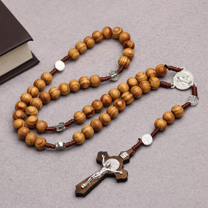 Chapelet et croix en bois d'olivier, perles de saint Benoît - Couleur foncée - image 0