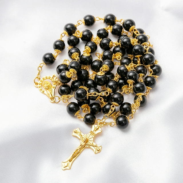 Chapelet de prière en perles noires avec crucifix - image 2