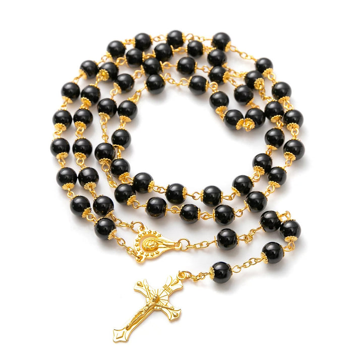Chapelet de prière en perles noires avec crucifix - Noir - image 0
