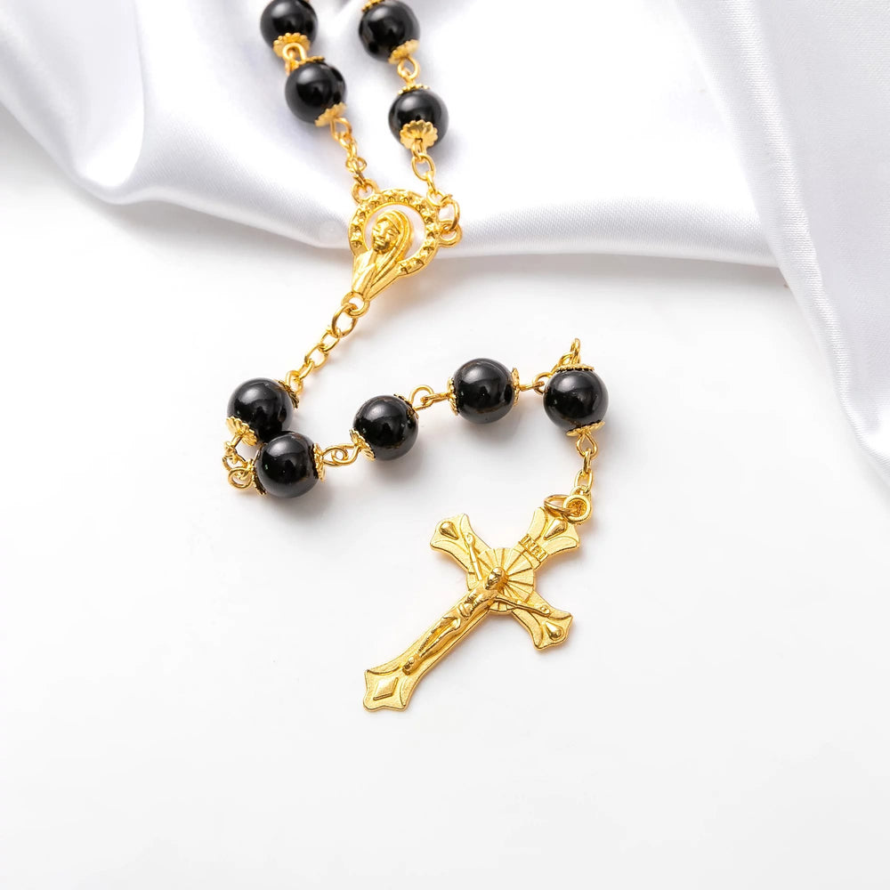 Chapelet de prière en perles noires avec crucifix - image 1