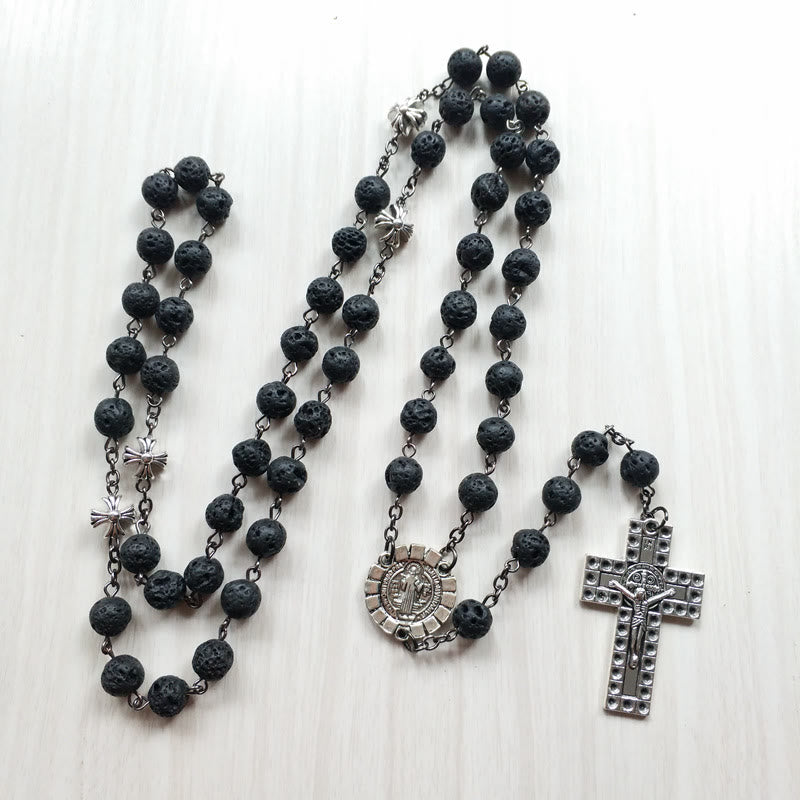 Pendentif croix vintage, chapelet en perles de pierre volcanique - image 3