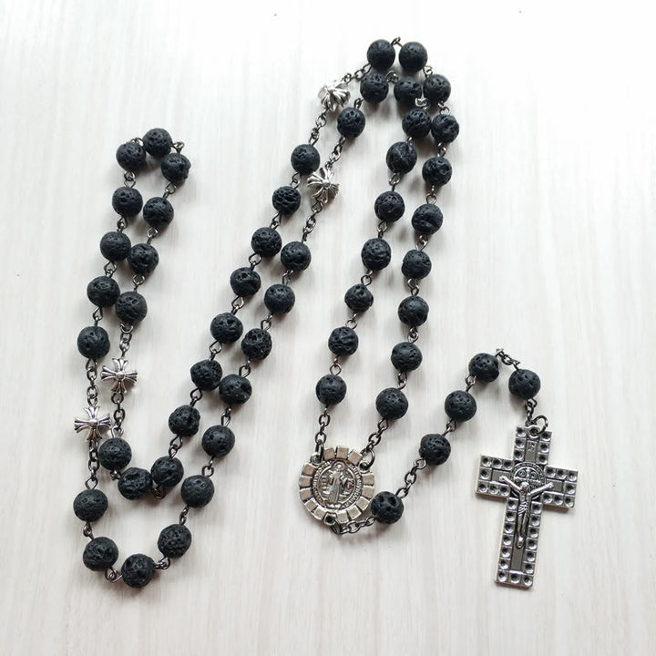 Pendentif croix vintage, chapelet en perles de pierre volcanique - image 3