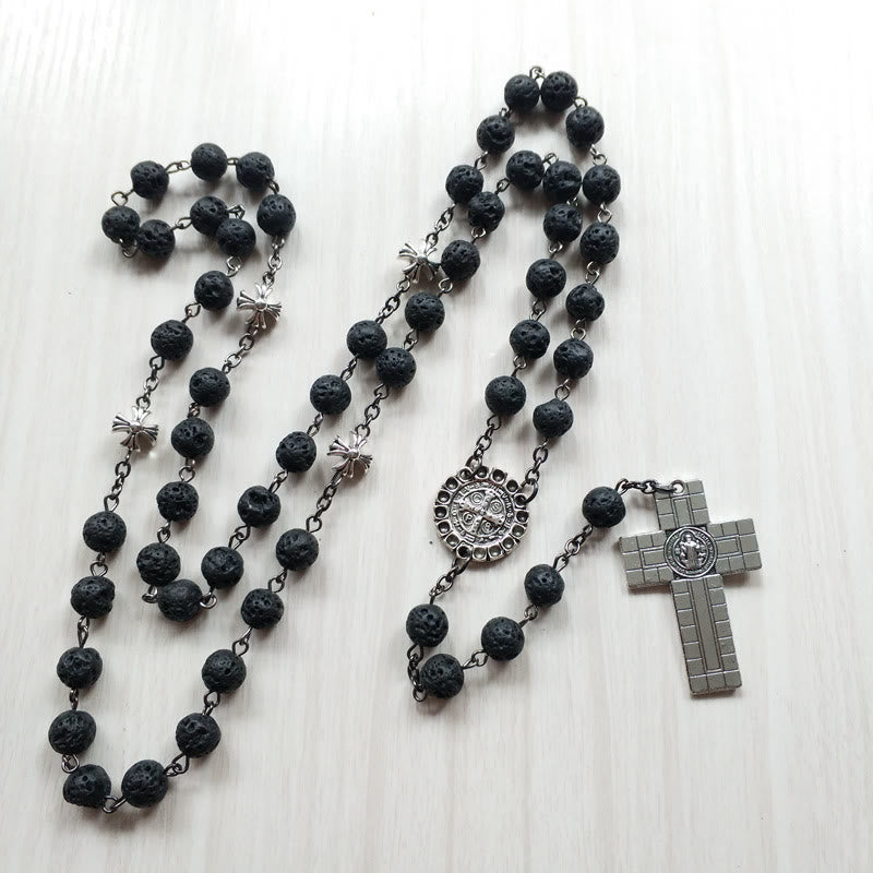 Pendentif croix vintage, chapelet en perles de pierre volcanique - image 4