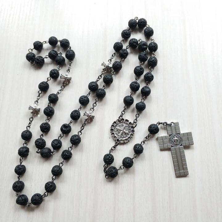 Pendentif croix vintage, chapelet en perles de pierre volcanique - image 4