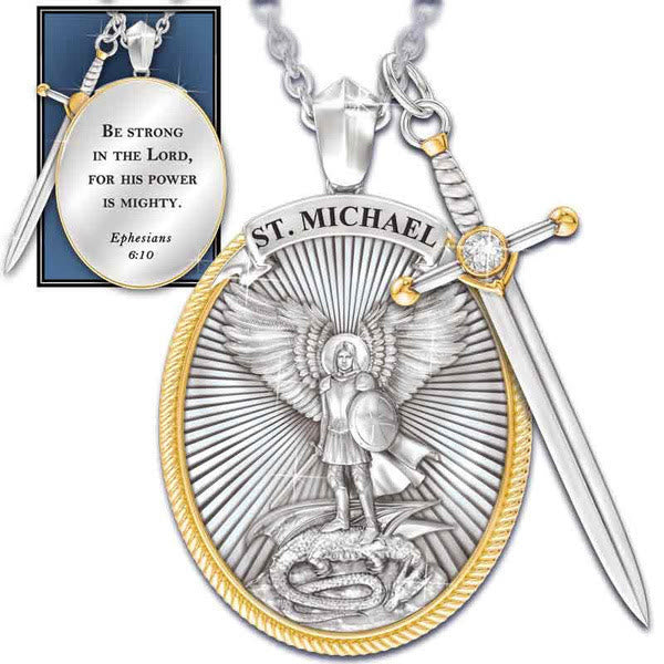 Christianartworkshop Collier pendentif Saint Michel, épée bicolore et bouclier ovale - Saint Michel - image 0