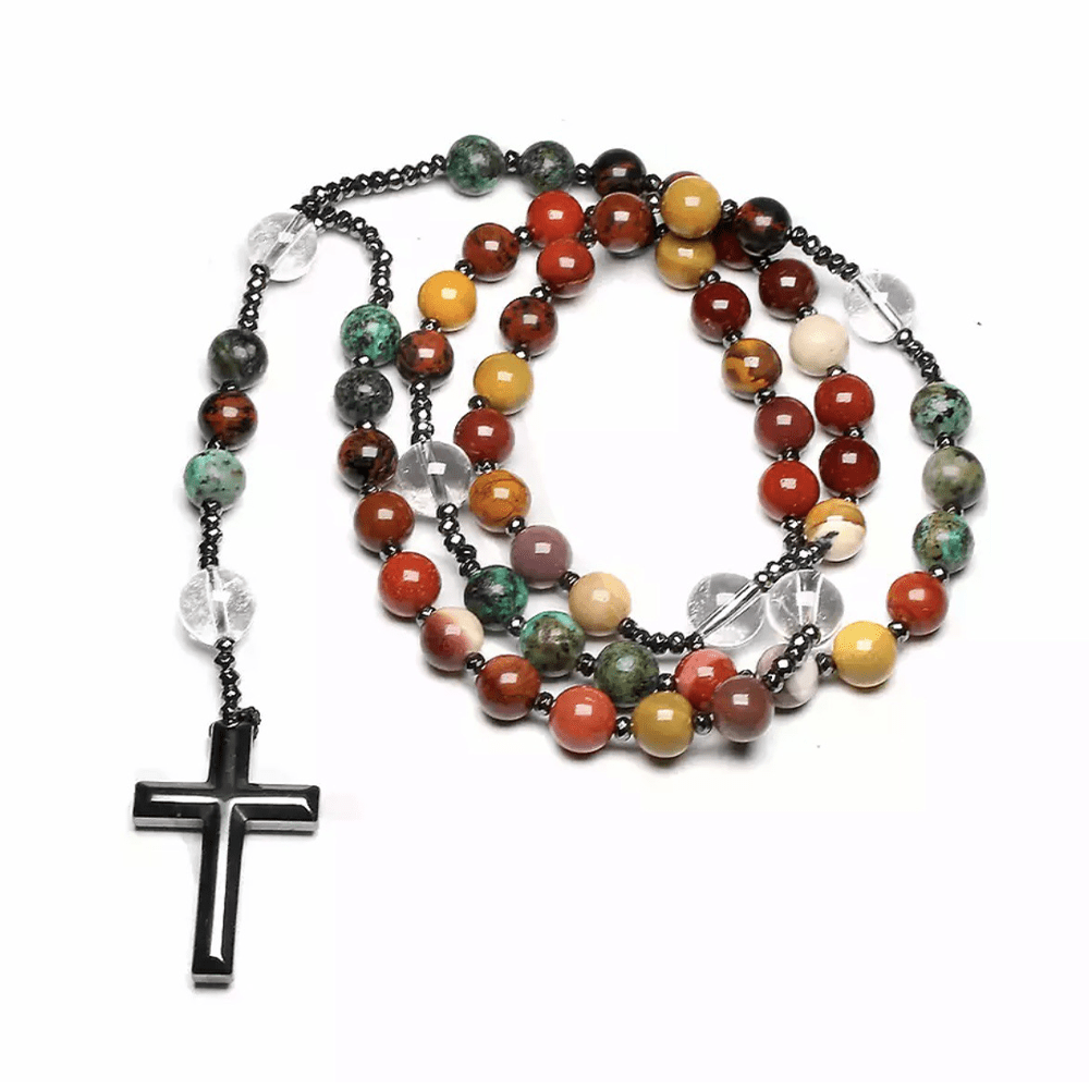 Pendentif croix en hématite, pierre naturelle mélangée, chapelet chrétien - image 1