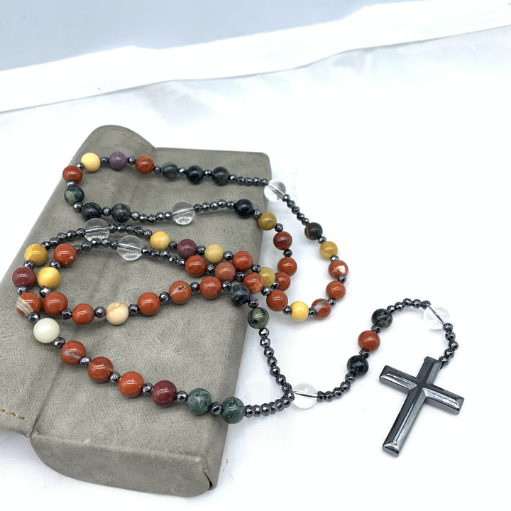 Pendentif croix en hématite, pierre naturelle mélangée, chapelet chrétien - image 2