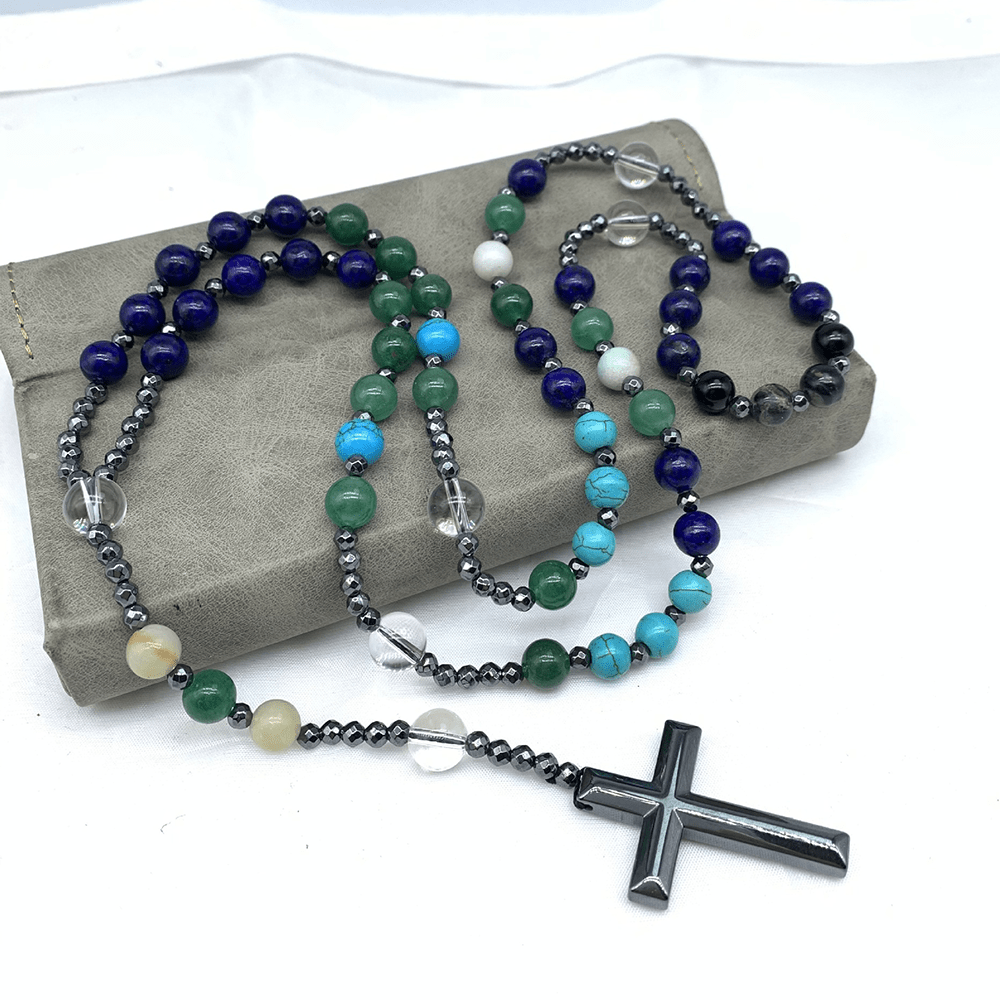 Pendentif croix en hématite, pierre naturelle mélangée, chapelet chrétien - image 7