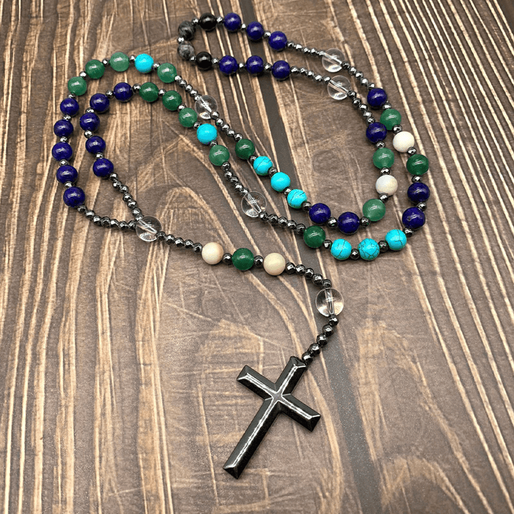 Pendentif croix en hématite, pierre naturelle mélangée, chapelet chrétien - image 6