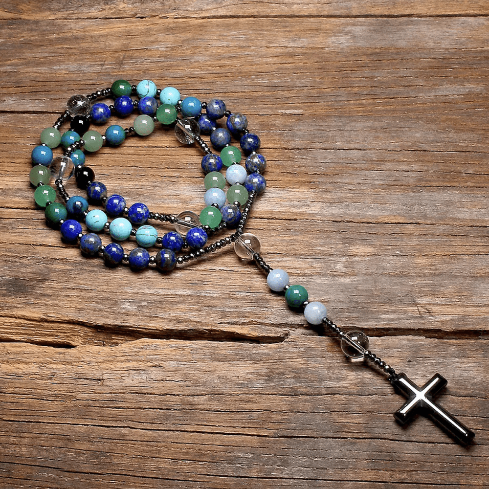 Pendentif croix en hématite, pierre naturelle mélangée, chapelet chrétien - Bleu vert - image 4