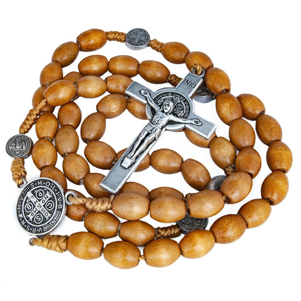 Chapelet de Saint Benoît en bois d'olivier naturel avec crucifix - image 1