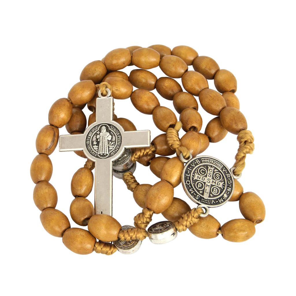 Chapelet de Saint Benoît en bois d'olivier naturel avec crucifix - image 2