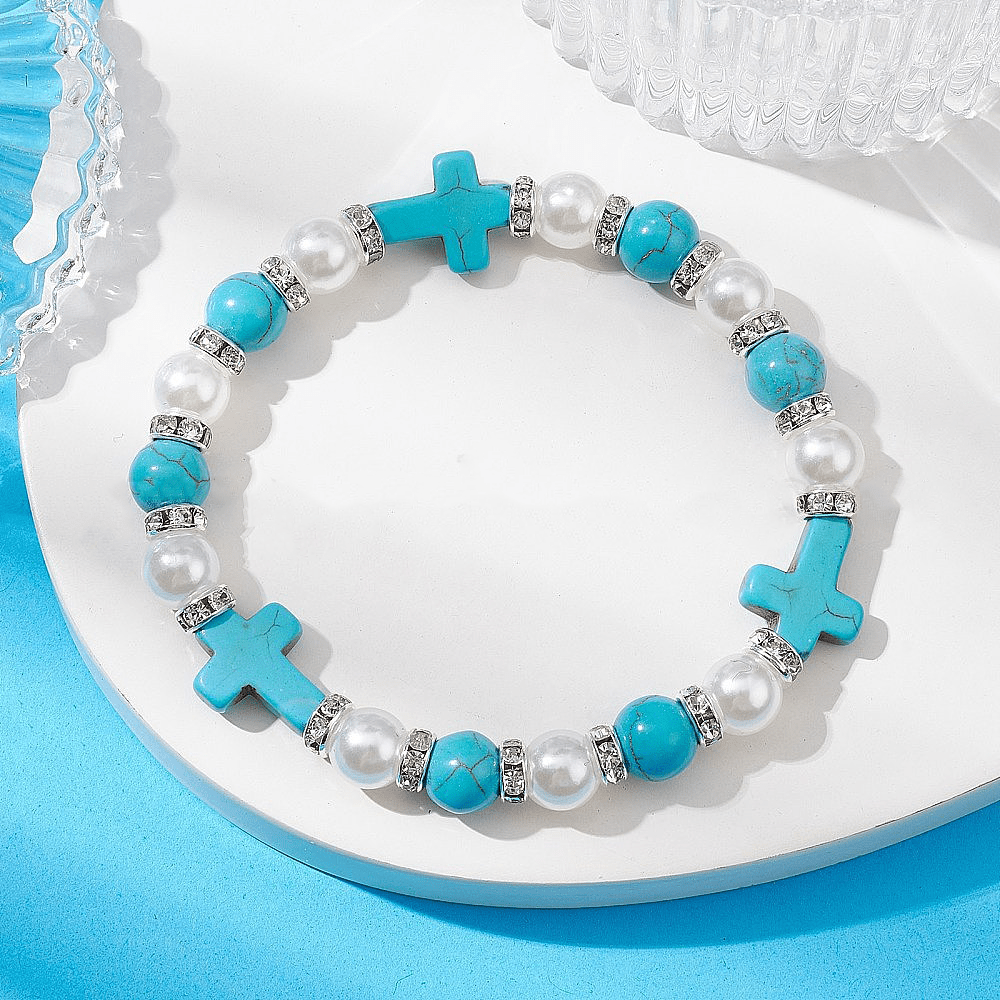 Bracelet énergétique de guérison en perle et turquoise avec croix, atelier d'art chrétien - Croix et Perle - image 0
