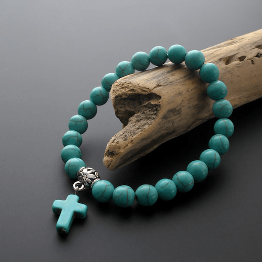 Bracelet crucifix en perles turquoise mates givrées Christianartworkshop - Turquoise givré - image 0