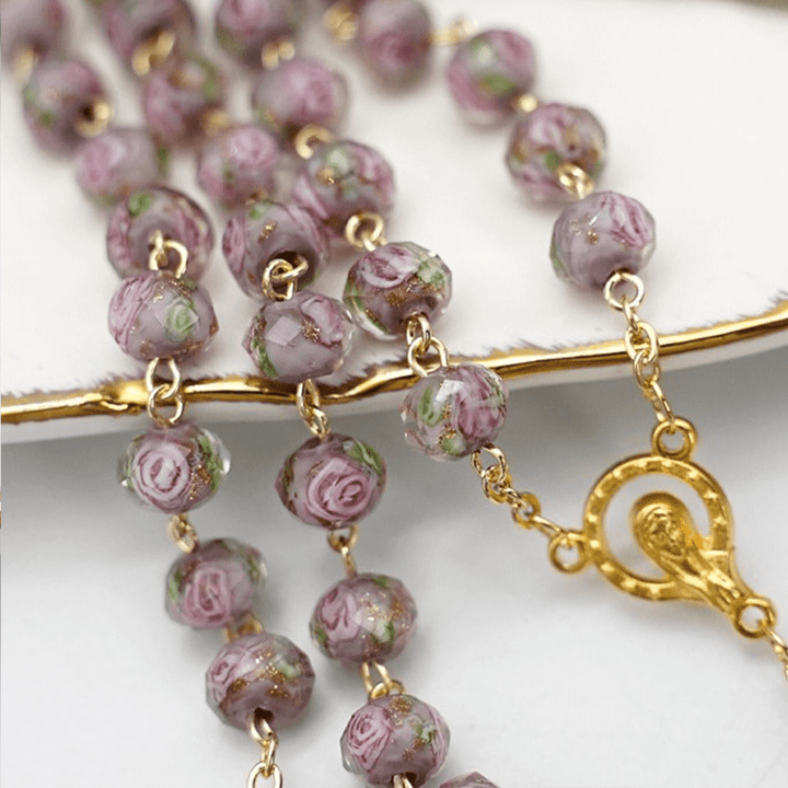 Christianartworkshop Chapelet en perles émaillées de rose avec Marie et crucifix - image 2