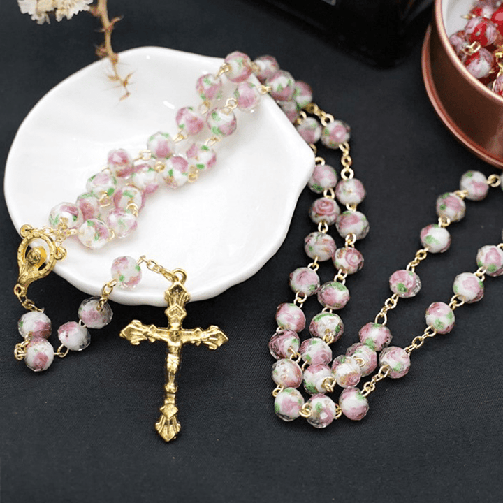 Christianartworkshop Chapelet en perles émaillées de rose avec Marie et crucifix - Blanc - image 7