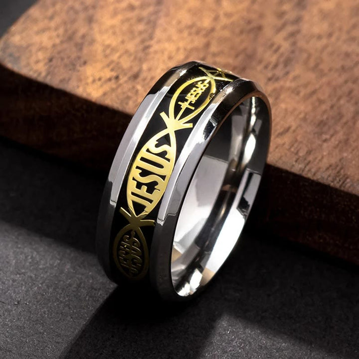 Bague rustique en acier inoxydable Christianartworkshop : « Jésus » en forme de poisson - image 8