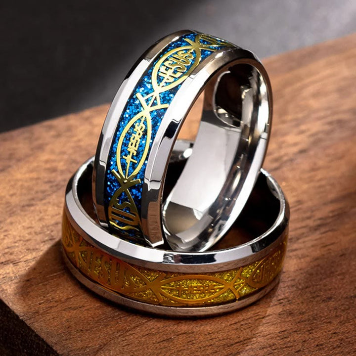 Bague rustique en acier inoxydable Christianartworkshop : « Jésus » en forme de poisson - Bleu - US 6 - image 0