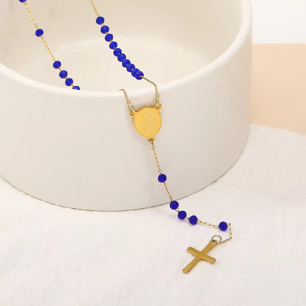 Christianartworkshop Collier de perles de verre avec pendentif en forme de croix et médaille de la Vierge Marie - image 1