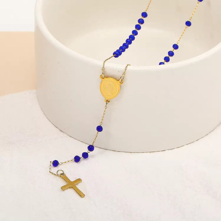 Christianartworkshop Collier de perles de verre avec pendentif en forme de croix et médaille de la Vierge Marie - image 2