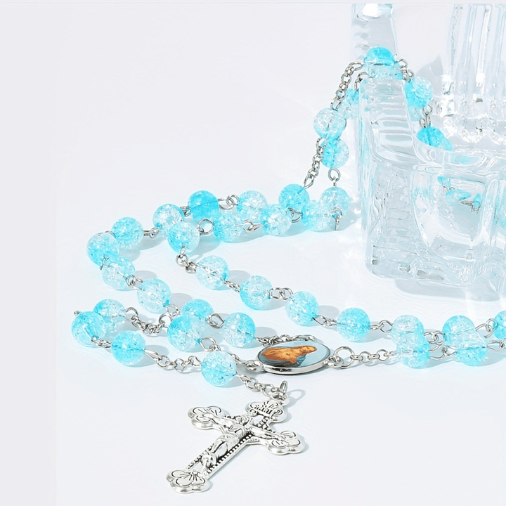 Chapelet en perles de verre bleu céleste avec cœur de Jésus et crucifix - Bleu ciel - image 0