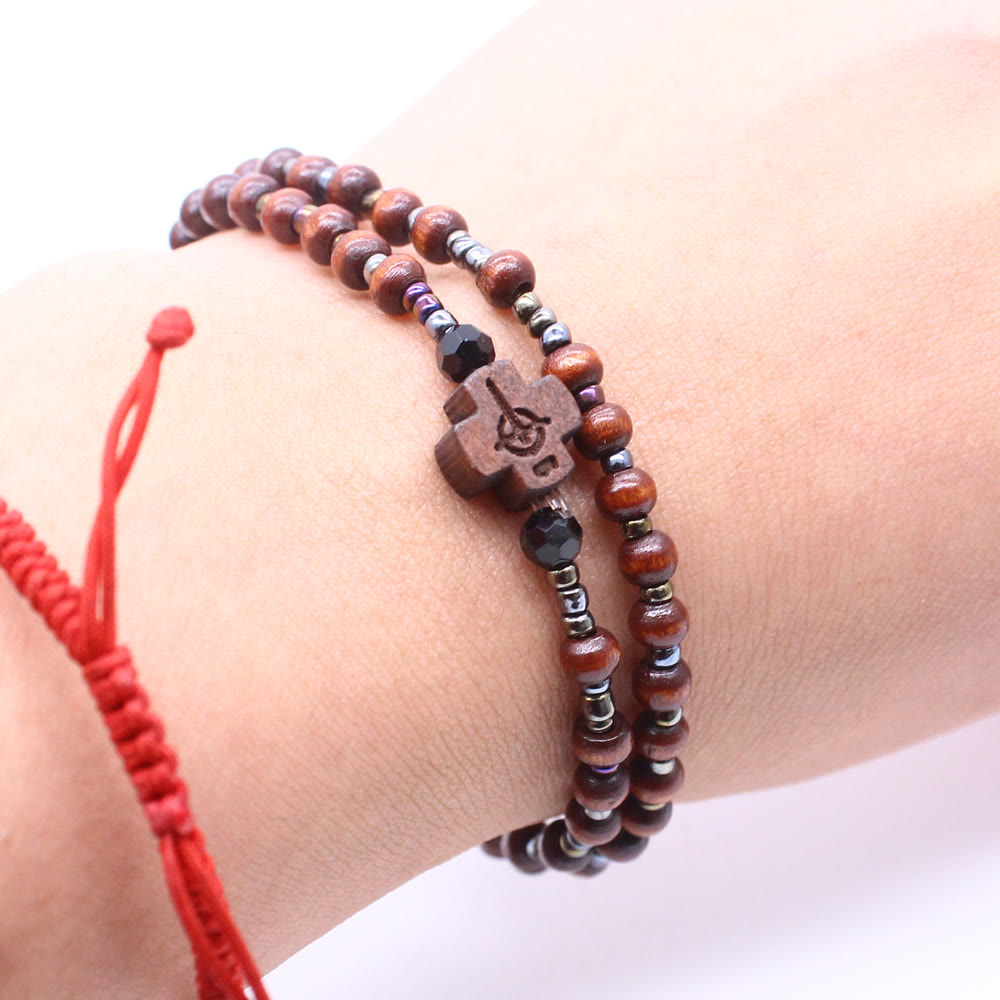 Bracelet chapelet en bois avec mini-crucifix et 59 perles - image 3