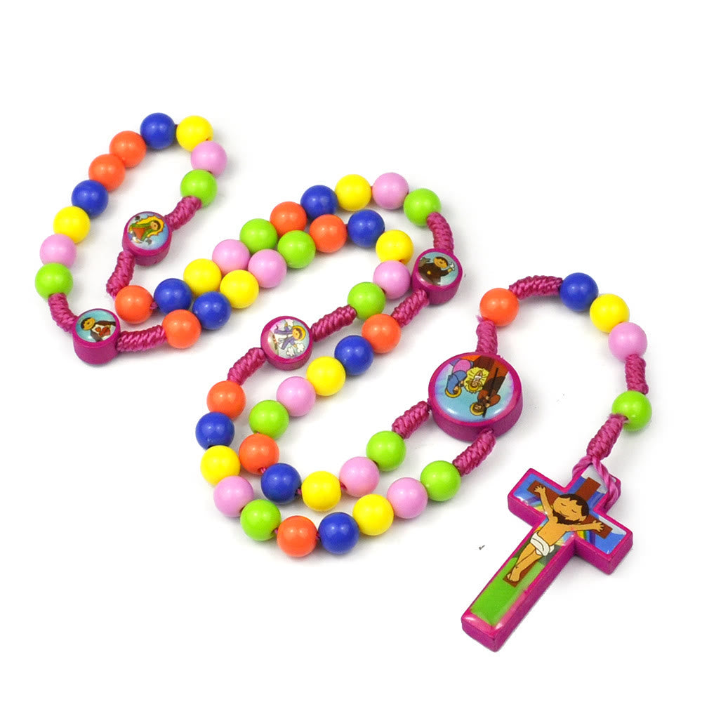 Chapelet pour enfants avec pendentif croix et perles rondes colorées - Rose - image 0