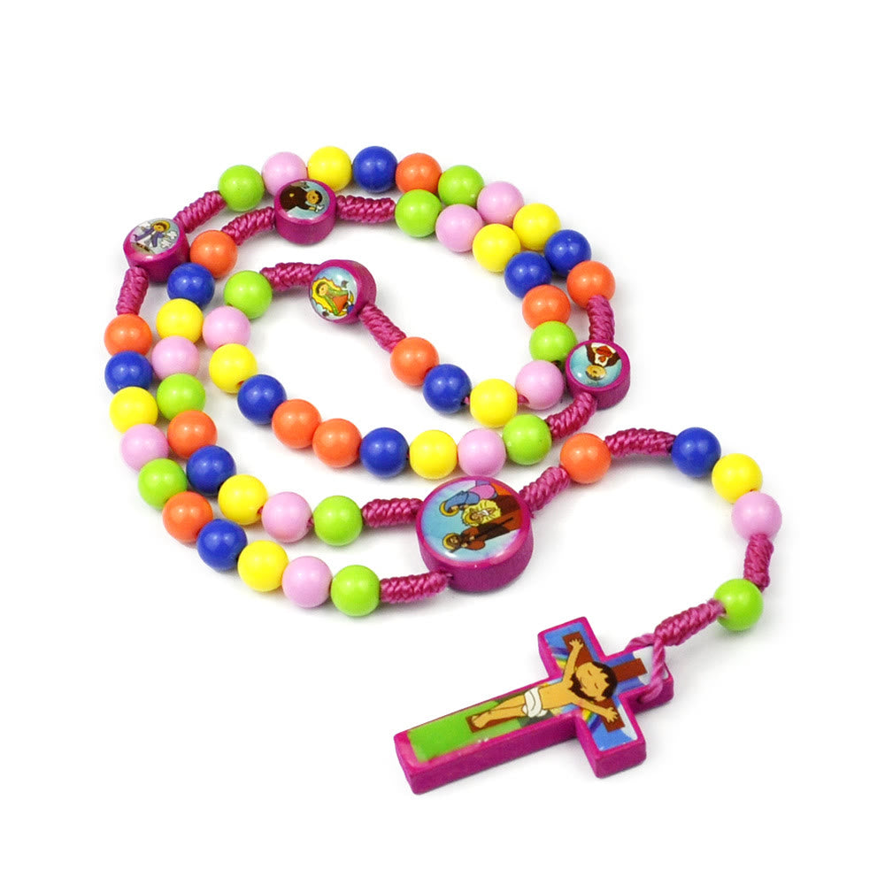 Chapelet pour enfants avec pendentif croix et perles rondes colorées - image 1