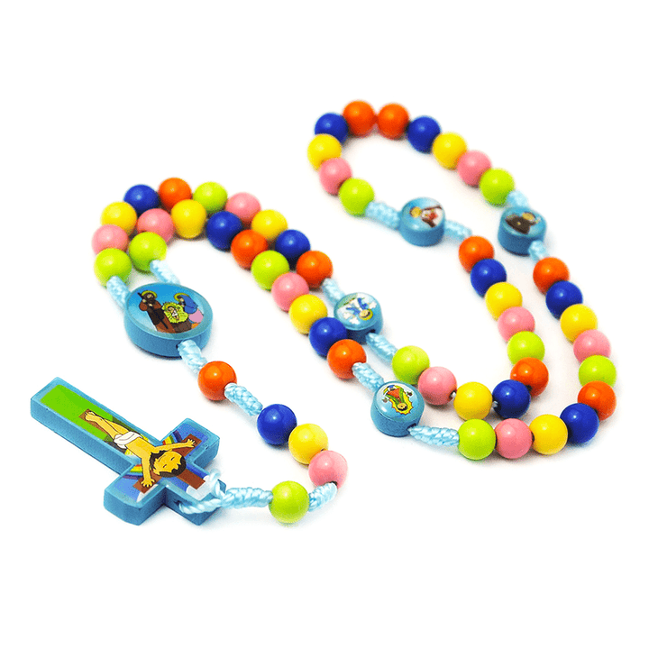 Chapelet pour enfants avec pendentif croix et perles rondes colorées - image 7