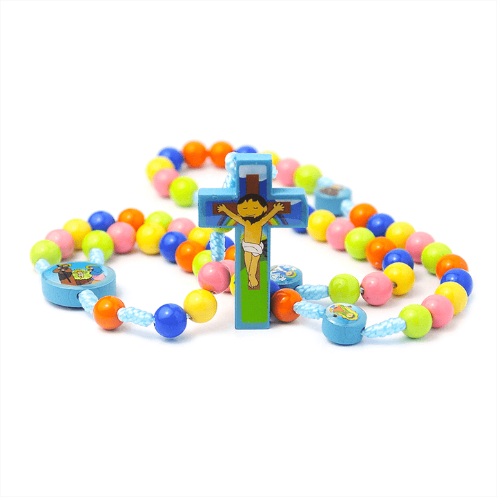 Chapelet pour enfants avec pendentif croix et perles rondes colorées - image 5