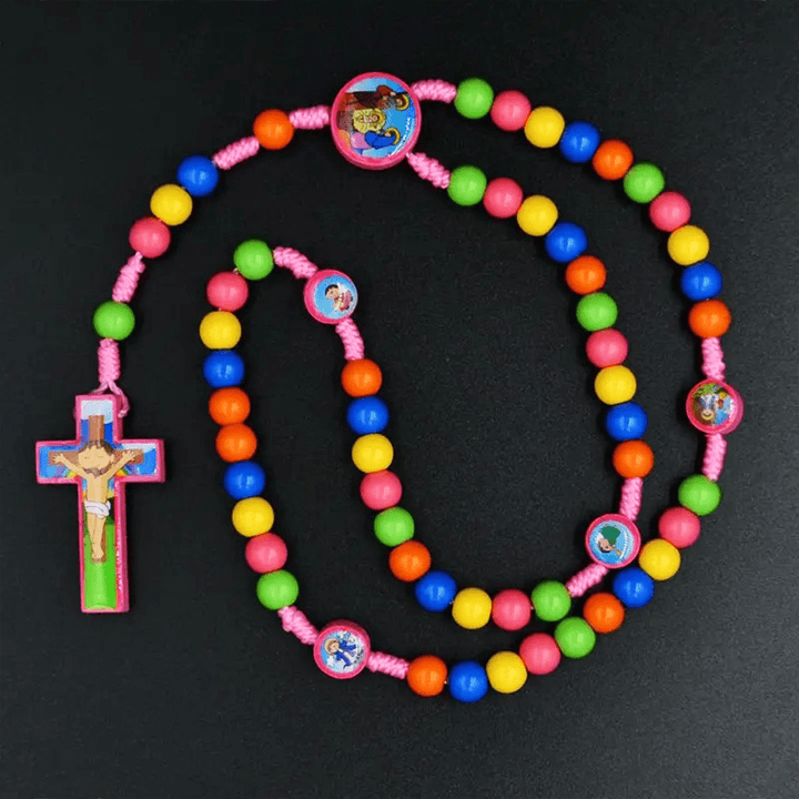 Chapelet pour enfants avec pendentif croix et perles rondes colorées - image 8