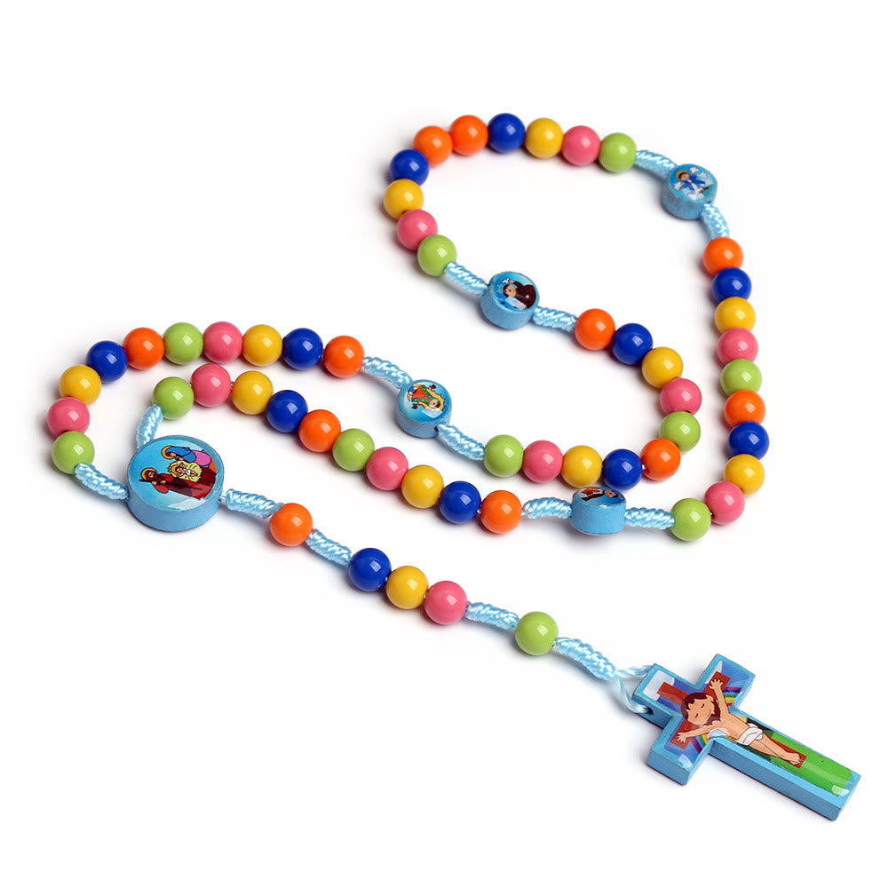 Chapelet pour enfants avec pendentif croix et perles rondes colorées - image 6