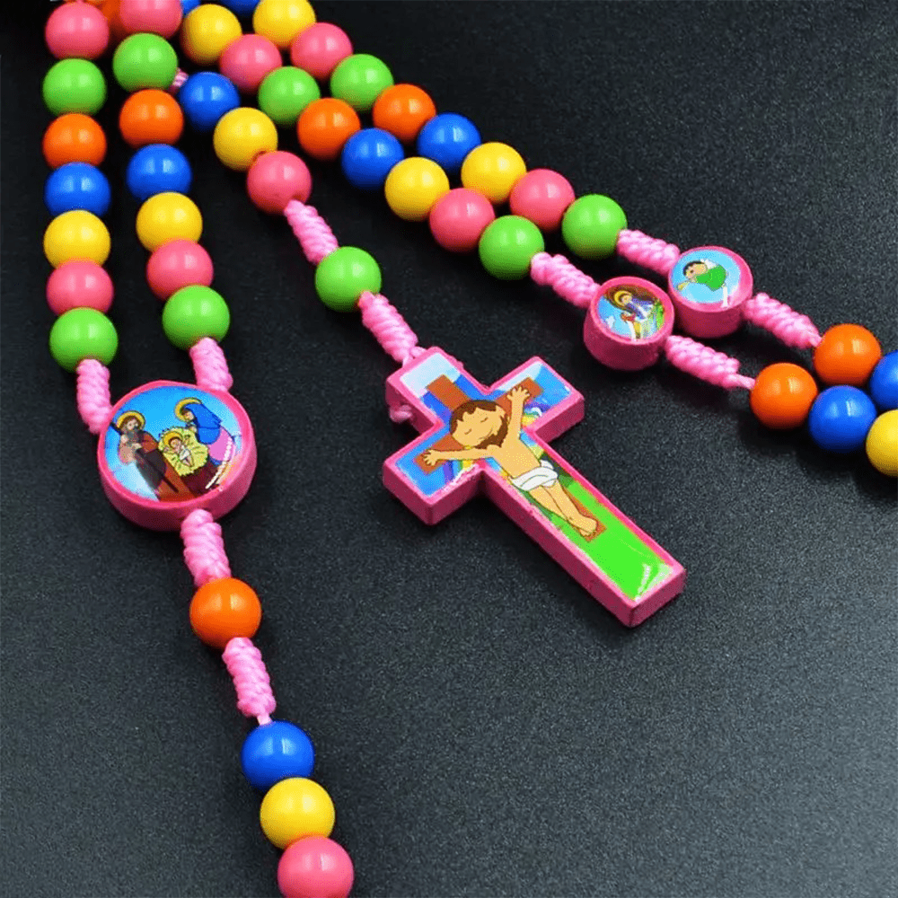 Chapelet pour enfants avec pendentif croix et perles rondes colorées - image 2