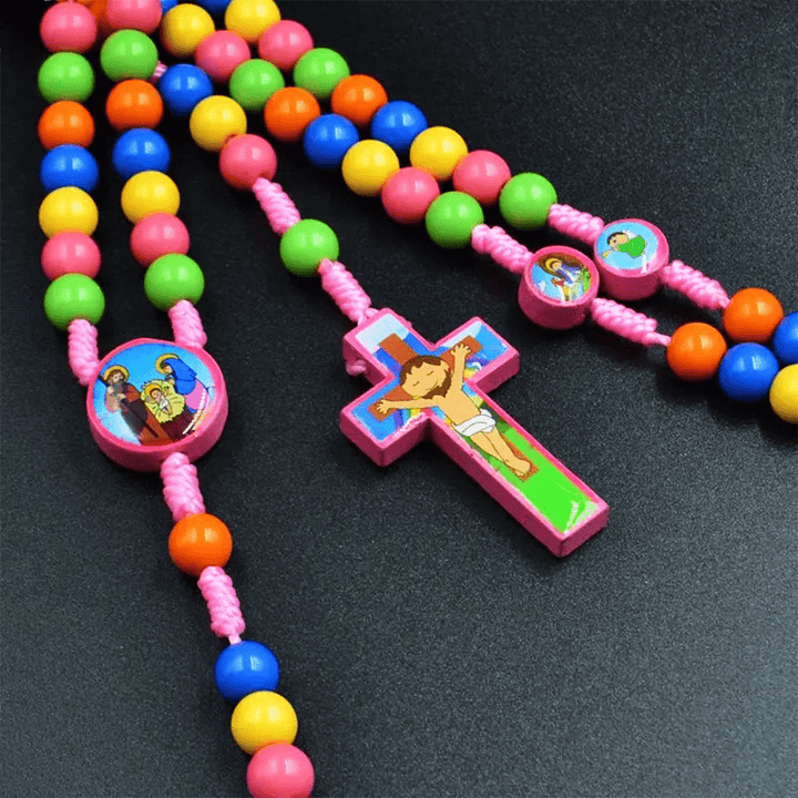 Chapelet pour enfants avec pendentif croix et perles rondes colorées - image 2