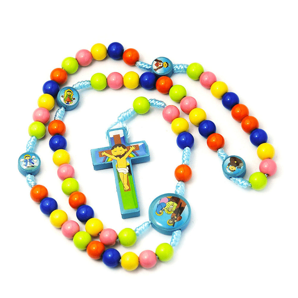 Chapelet pour enfants avec pendentif croix et perles rondes colorées - Bleu - image 4