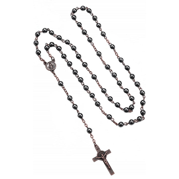 Médaille et crucifix de Saint Benoît, chapelet de calculs biliaires noirs - Chaîne en bronze - image 7