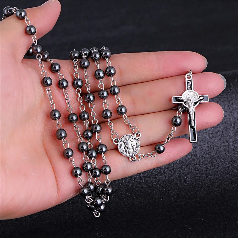 Médaille et crucifix de Saint Benoît, chapelet de calculs biliaires noirs - Chaîne en argent - image 0