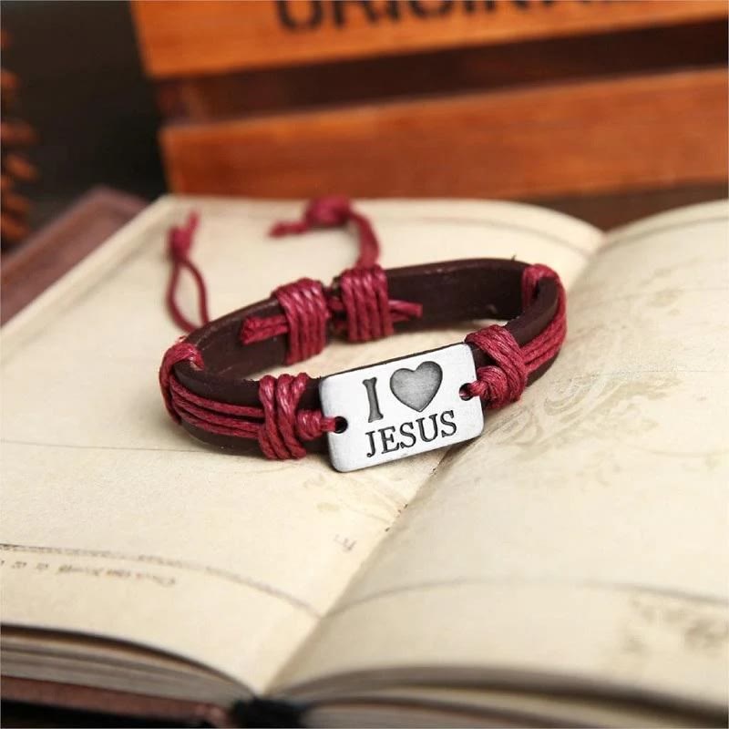 Bracelet en cuir ajustable croix « J'aime Jésus » de Christianartworkshop - image 1