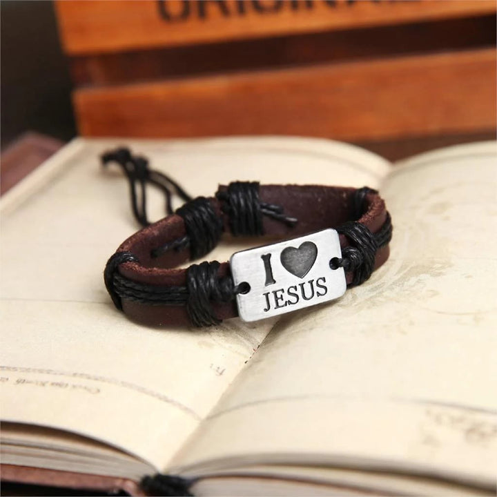 Bracelet en cuir ajustable croix « J'aime Jésus » de Christianartworkshop - Corde noire - image 4